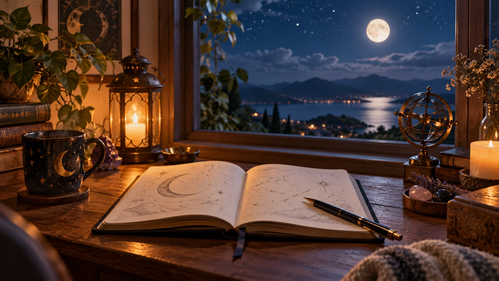 Open dream journal by a moonlit window representing Dreams Interpreters
