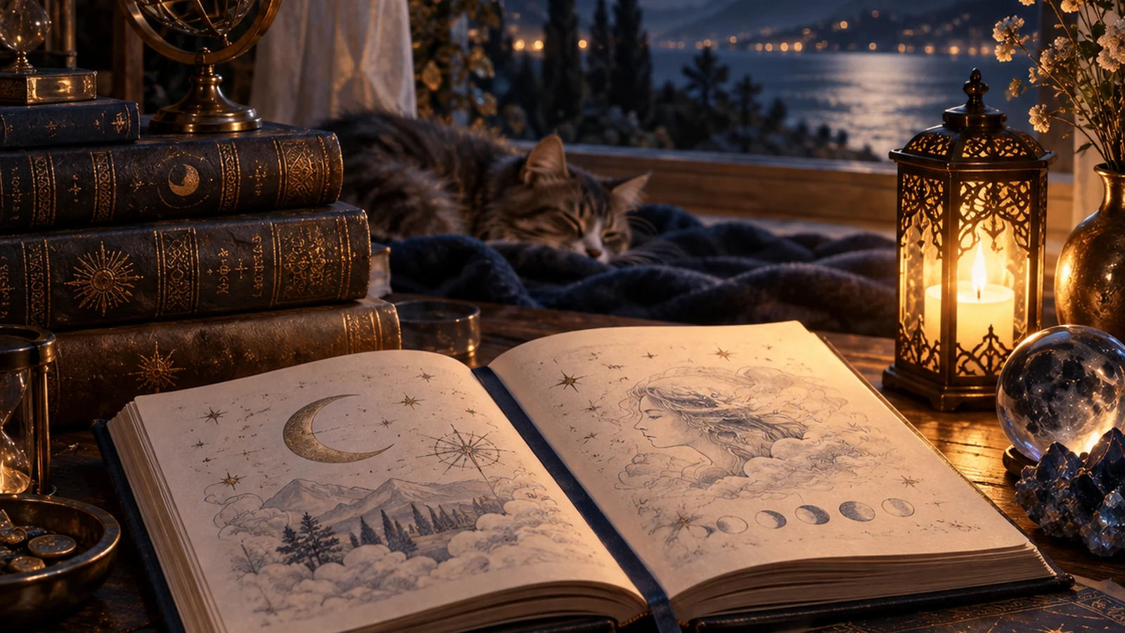 Astrology journal, celestial globe and moonlit study table