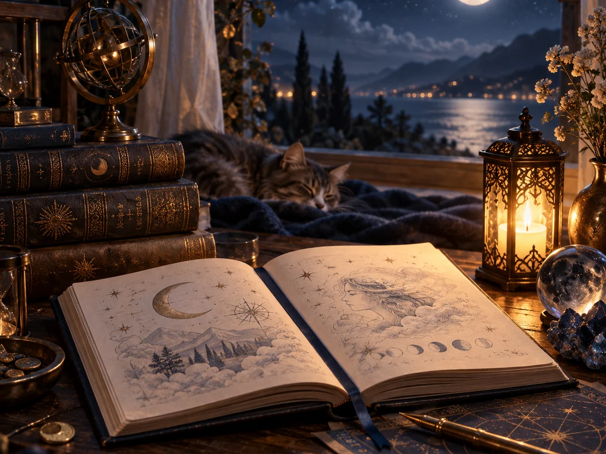 Open astrology journal, celestial globe and night sky used as a visual illustration of a birth chart reading