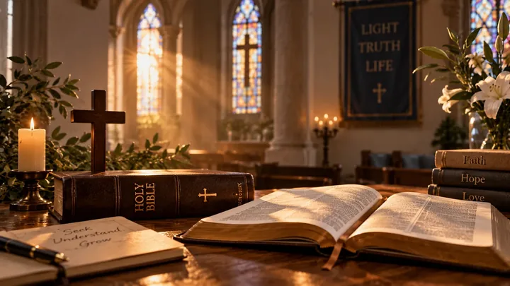 Illustrative Bible study table with a cross and stained-glass windows