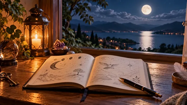 Illustrative dream journal beside a moonlit window