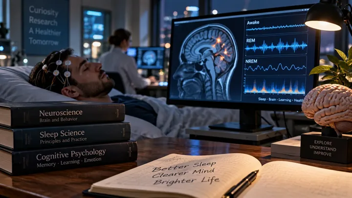 Illustrative sleep research setting with monitoring equipment and books