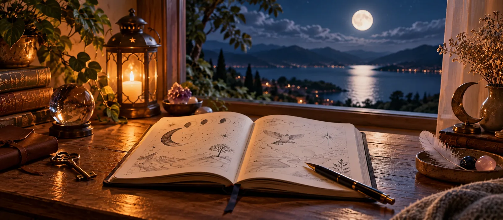 Open dream journal with symbolic sketches beside a moonlit window