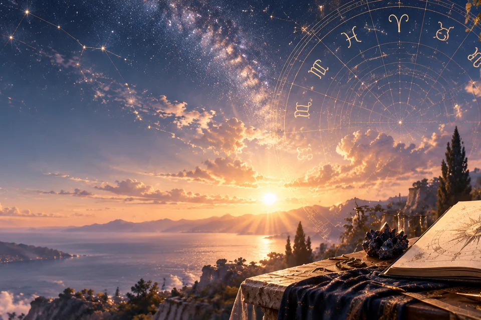 Astrology journal and celestial instruments under an open sky