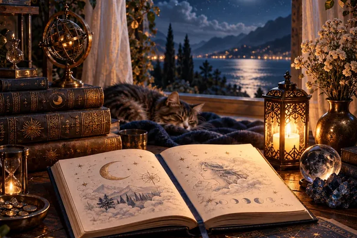 Dream journal, books and lantern representing a contextual approach to dream interpretation