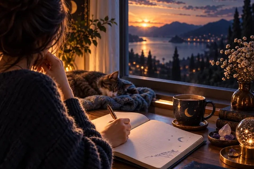 Open dream journal in a quiet moonlit setting