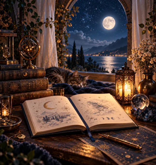 Books, dream journal and celestial symbols representing a thoughtful approach to dream interpretation