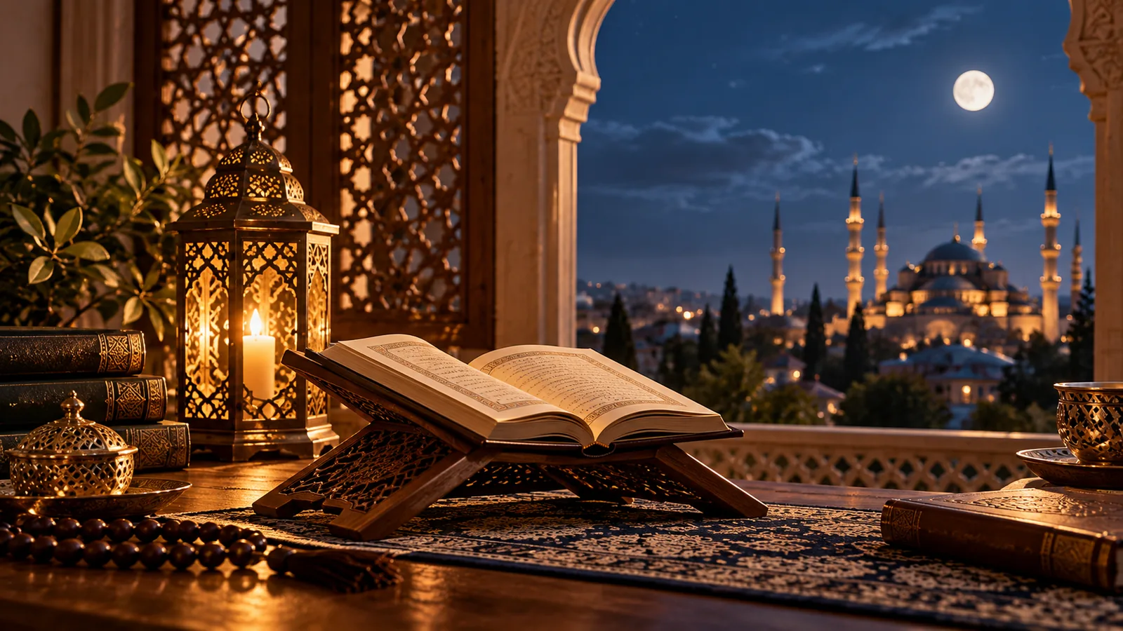An open book on a wooden reading stand, a lantern and a mosque beyond an arched window