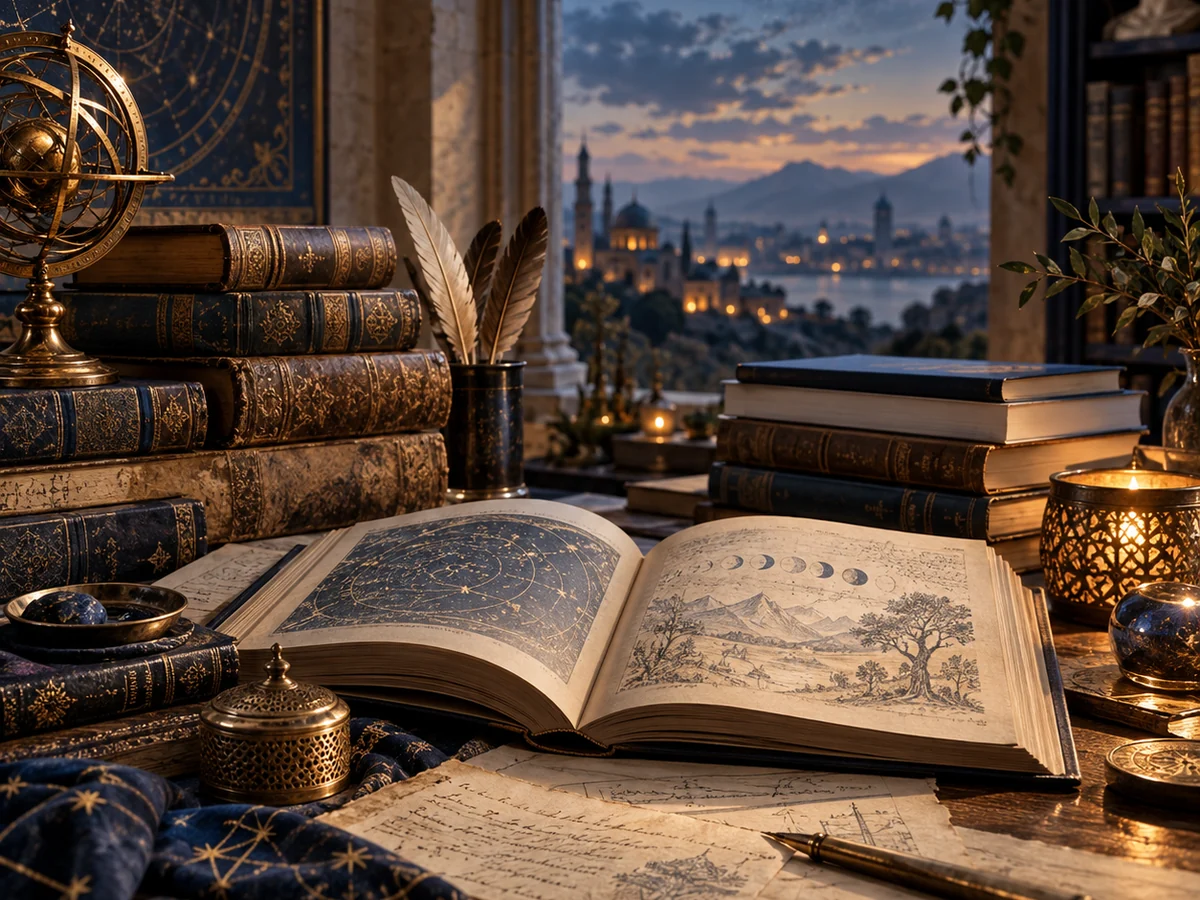 Open numerology journal, books and symbolic number diagrams used as a visual illustration of a numerology reading