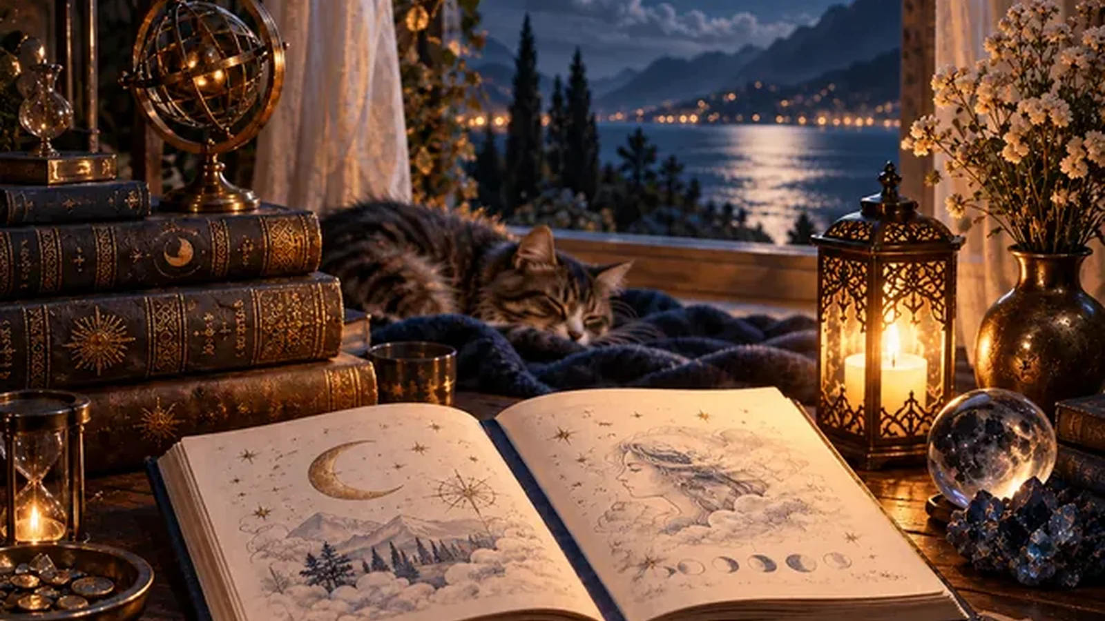 Dream journal, books and lantern representing personal dream interpretation